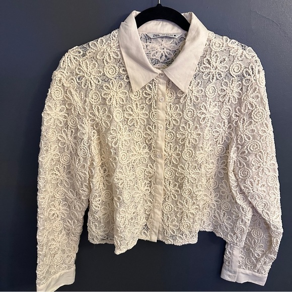 Zara Embroidered Lace Cropped Blouse - Picture 3 of 11